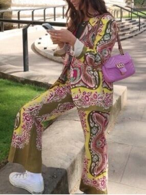 ZARA SET Bright Yellow Army Green Pink Linen Cotton Blend Blazer & Cropped Pants